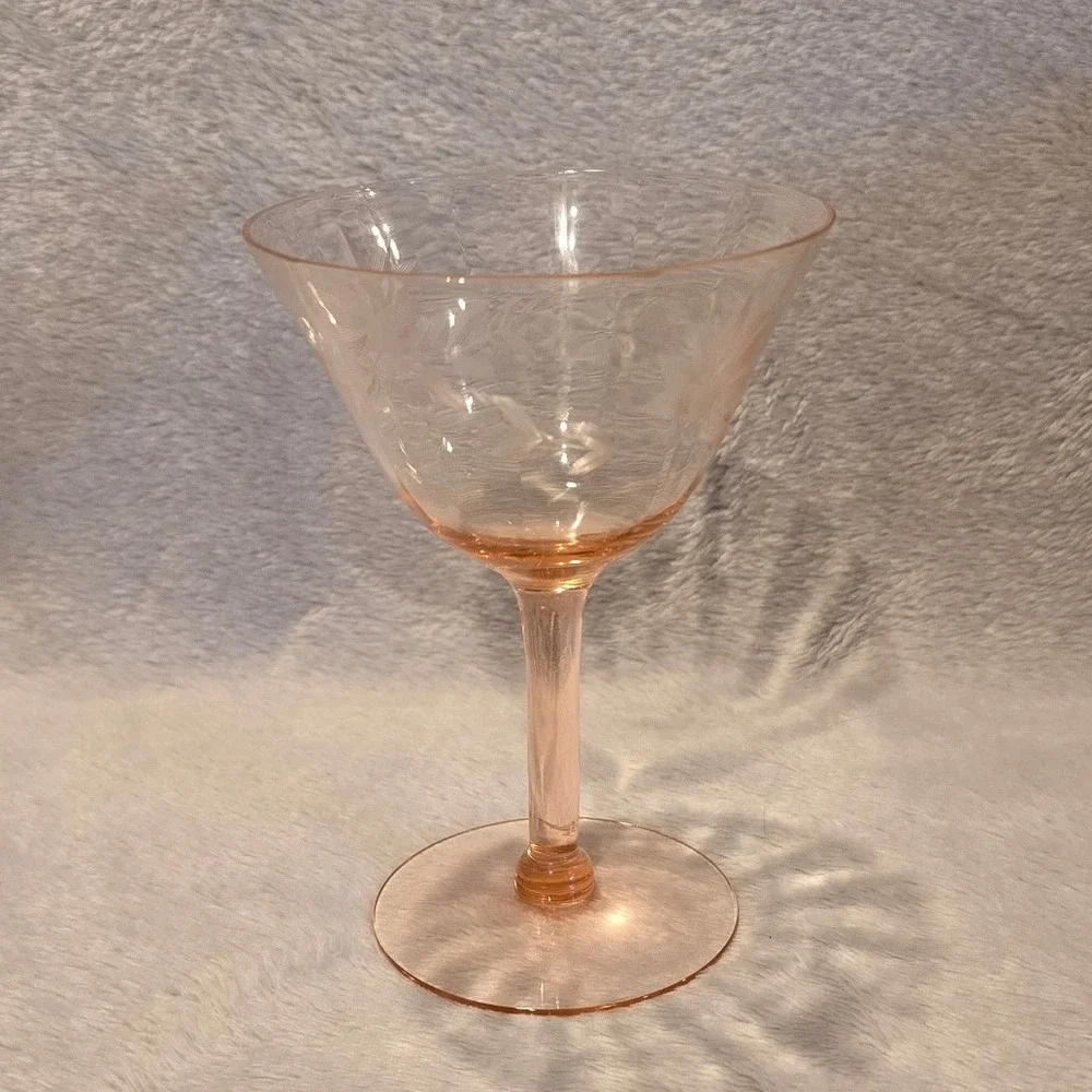 Vintage Pink Depression Glass‎ Etched Floral Champagne Coupe Cocktail Stemware